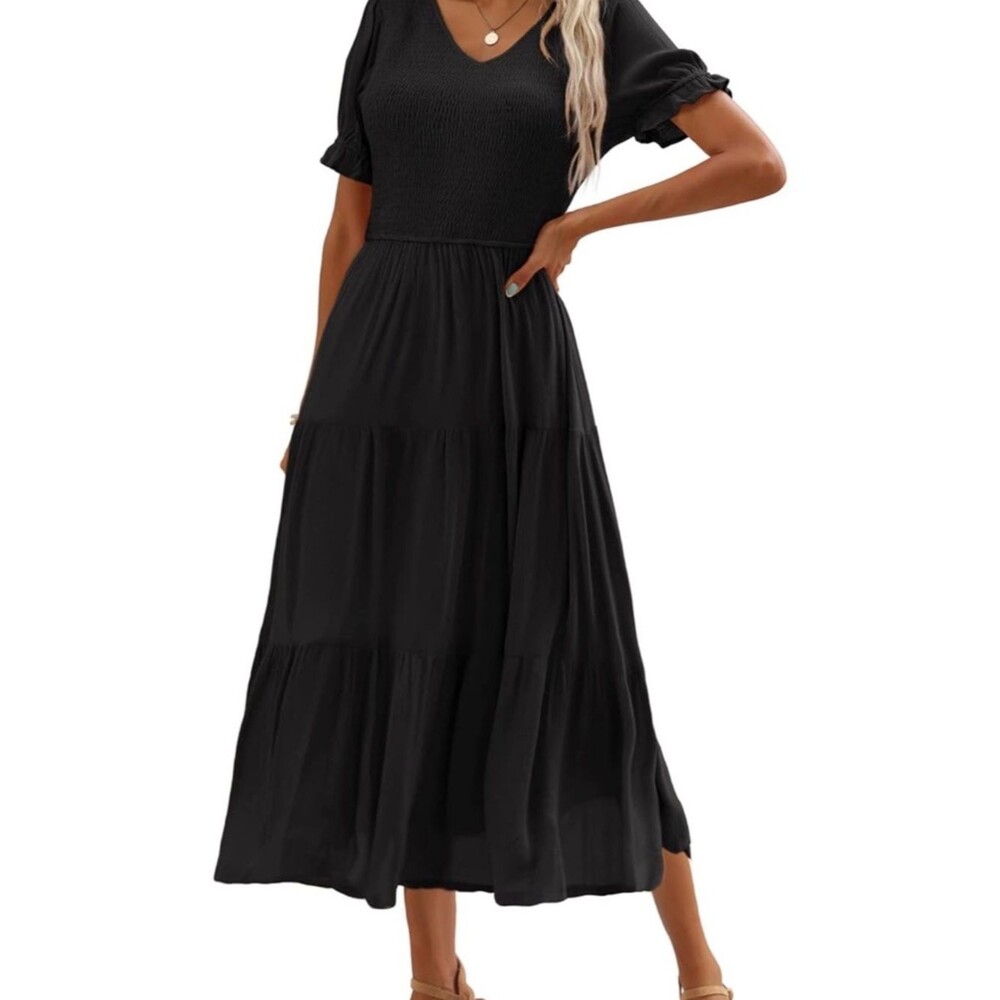 Kranda Black Midi Dress V-Neck Tiered Maxi Puff Sleeve Smocked Flowy XL
